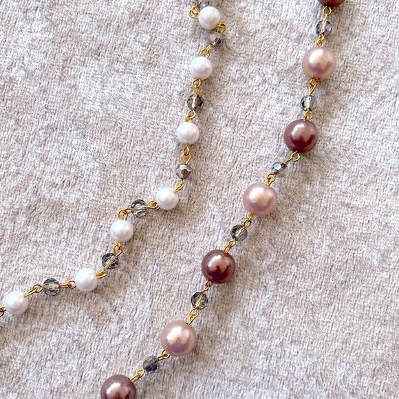 Elegant Long Layered Cultured Pearl Beaded Necklace w/ Floral Flower Accent - Picture 8 of 14